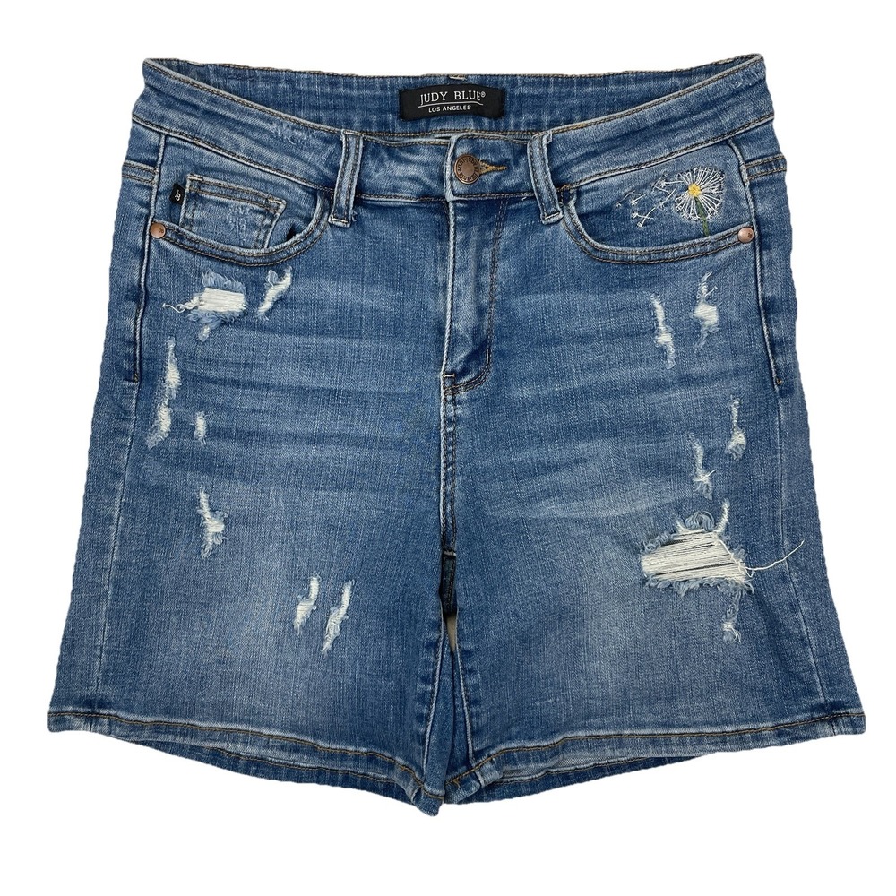 Judy Blue Medium Dandelion Wishes Embroidery Denim Bermuda Shorts Distressed